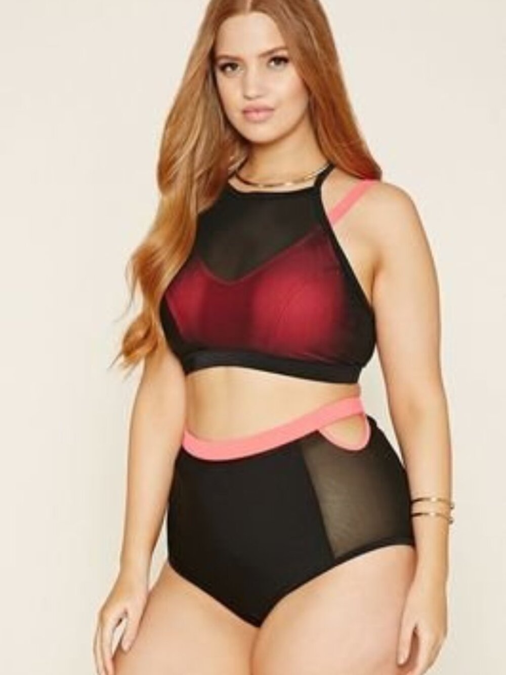 Forever 21 Plus Black Neon Coral Layered Bikini Top Bottom 2pcs set 0X/XL